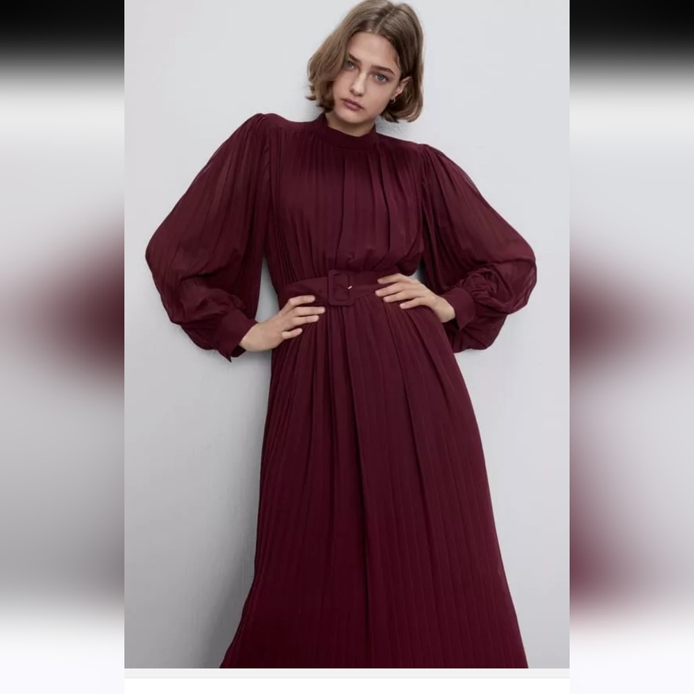 Zara Burgundy Pleated Dress Size XS